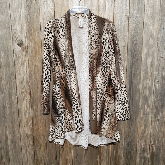 R Rouge M Kimono Duster Tunic Top Brown Beige Animal Print Stretch Knit Coverup - Picture 1 of 7
